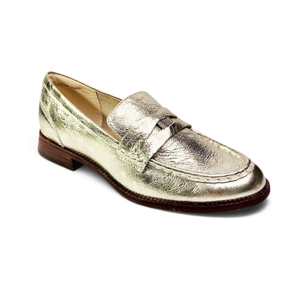 Dolce Vita Hilly Coin Loafers Platinum Gold Metallic Crinkle Leather Shoes 7.5 W